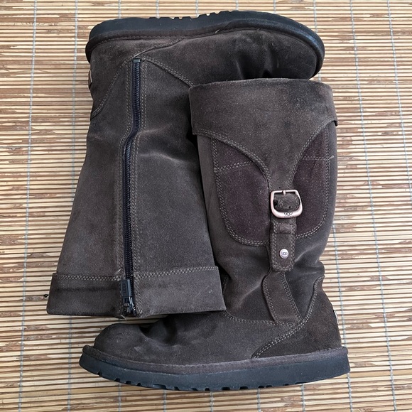 UGG Cargo Brown Suede Leather Boots Shearling Buckle Pocket - Picture 2 of 7